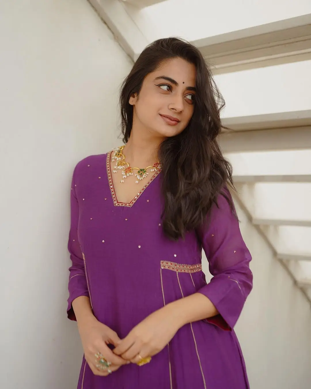 Namitha Pramod Wearing Beautiful Earring Jewellery Violet Dress